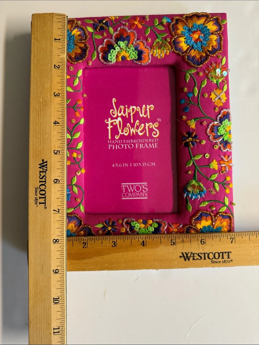 Vintage Two's Company Hot Pink Embroidered Floral Photo Frame 4”x 6”
